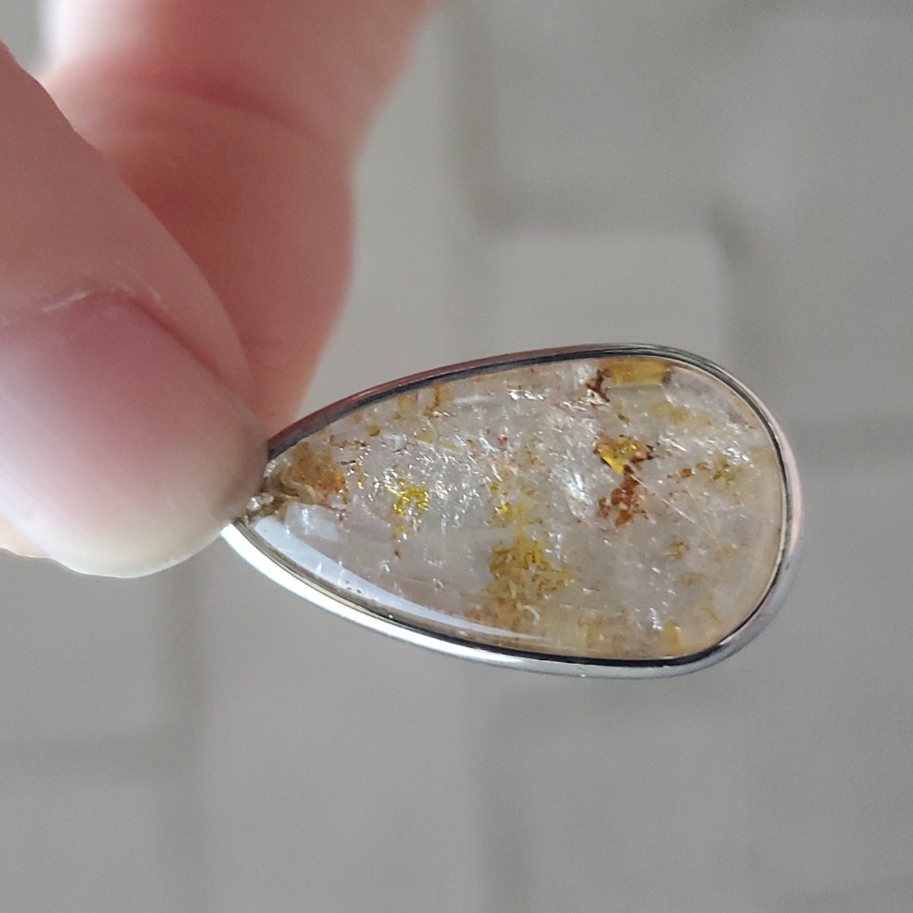 New Natural Rutilated Quartz Teardrop Silver Pendant.